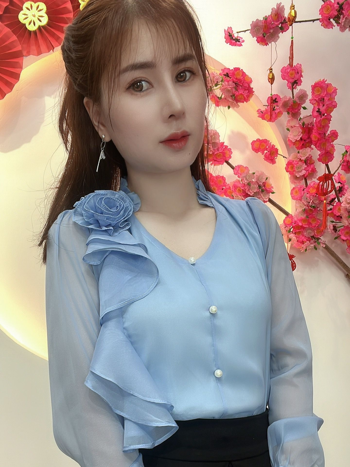 AN33- ÁO KIỂU CÔNG SỞ TAY DÀI BÈO HOA
