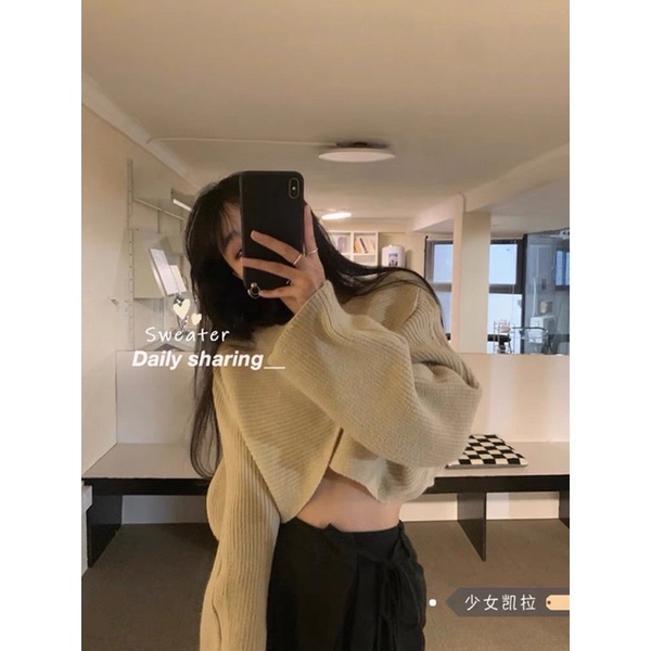 áo len vạt chéo dáng lửng croptop tay suông