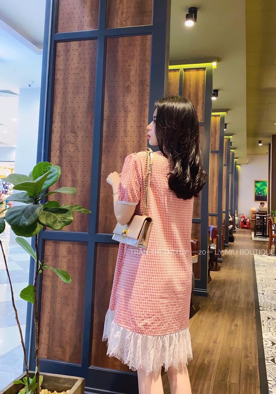 [HCM]Đầm suông caro phối ren