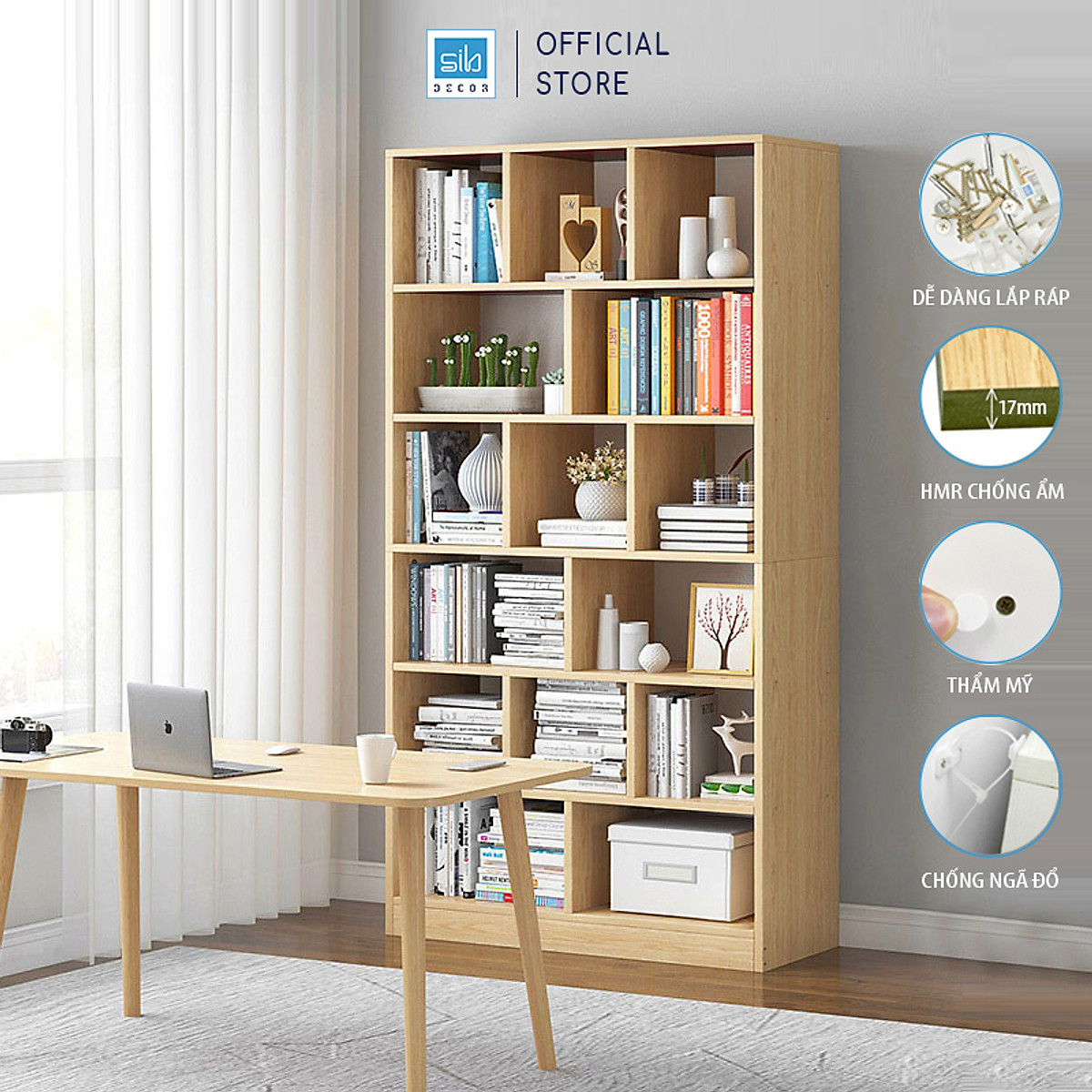 Kệ Sách Gỗ SIB Decor KSG03 6 Tầng Dài 80cm Cao 178cm Màu Trắng Oak Giá Sách Đứng Đa Năng
