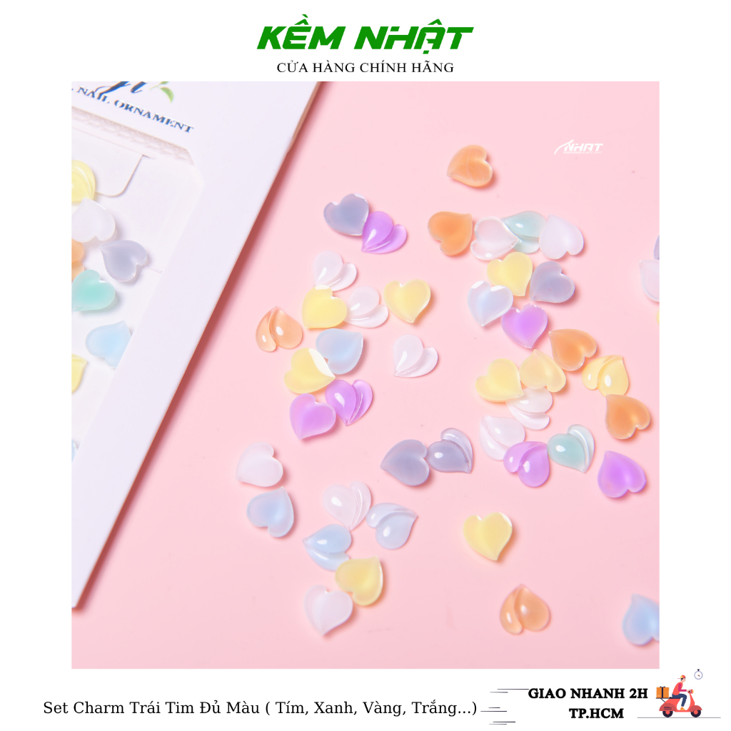 Set Charm Trái Tim Đủ Màu ( Tím, Xanh, Vàng, Trắng ) Đính Móng