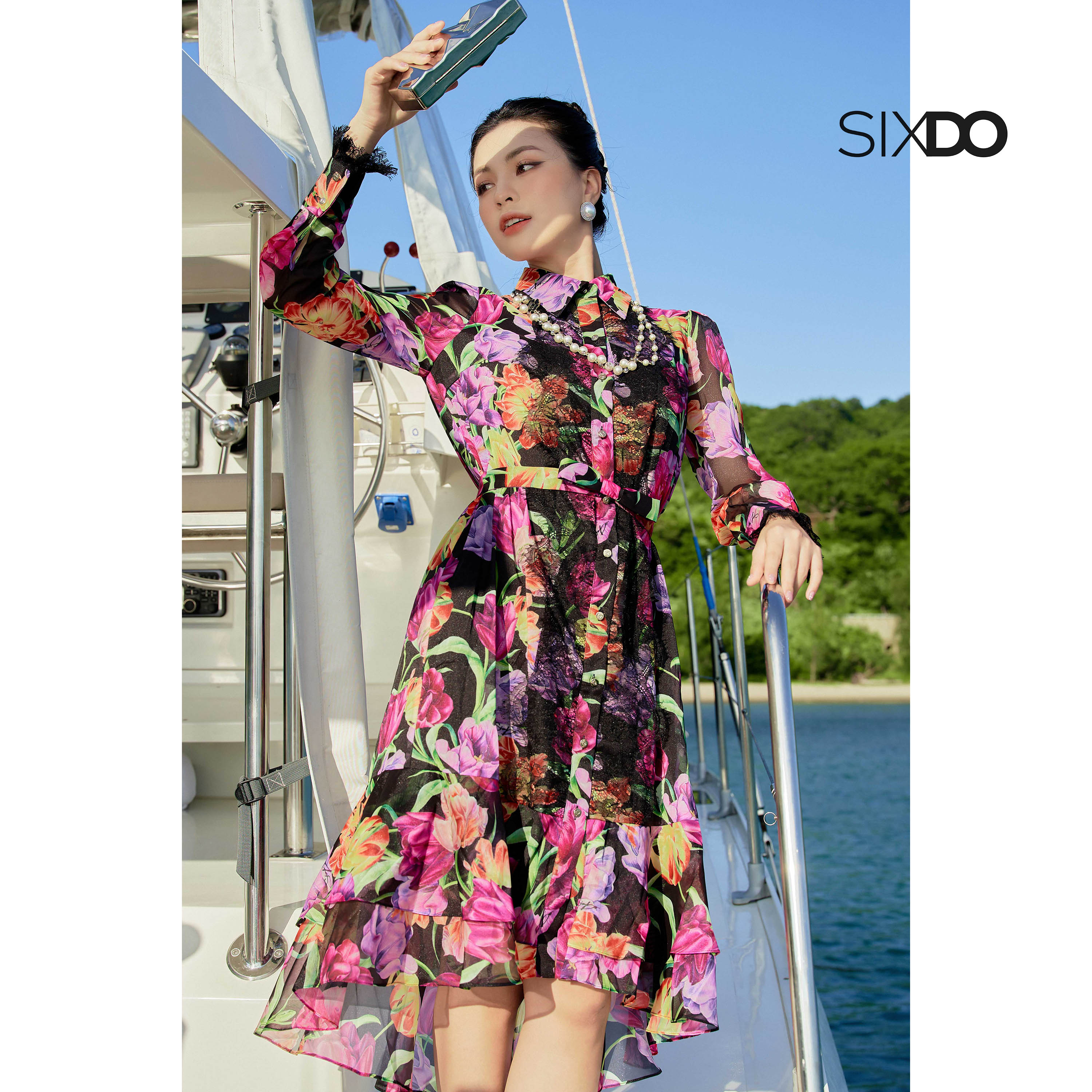 Đầm sơ mi voan hoa tay dài sixdo