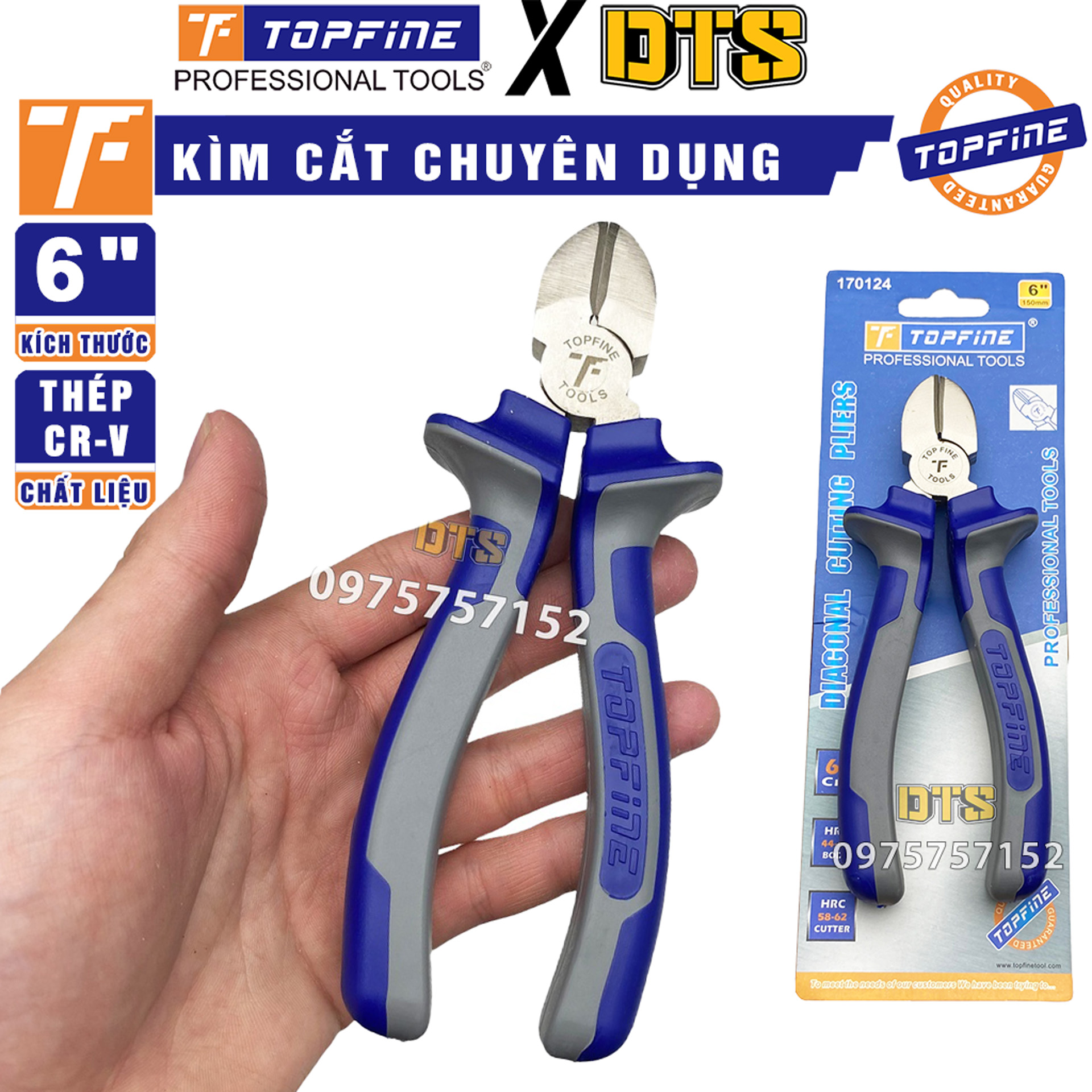 Kìm cắt chuyên dụng TOP FINE 160mm, kềm cắt thép Carbon siêu cứng, chống rỉ sét, chịu lực cực tốt, lưỡi cắt xử lý nhiệt, tay cầm bọc cao su vân chống trượt, kìm cắt dây điện, kìm cắt kẽm, kìm cắt đa năng, kềm cắt dây