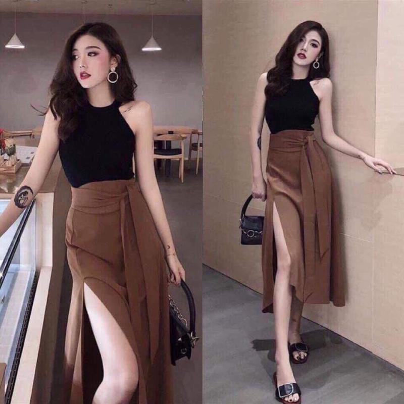 Sét áo +chân váy xẻ đùi cát hàn-HT