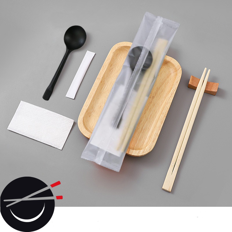 100 Bộ đồ ăn dùng một lần MUỖNG ĐEN ( Đũa + Thìa + Tăm + Giấy ăn )