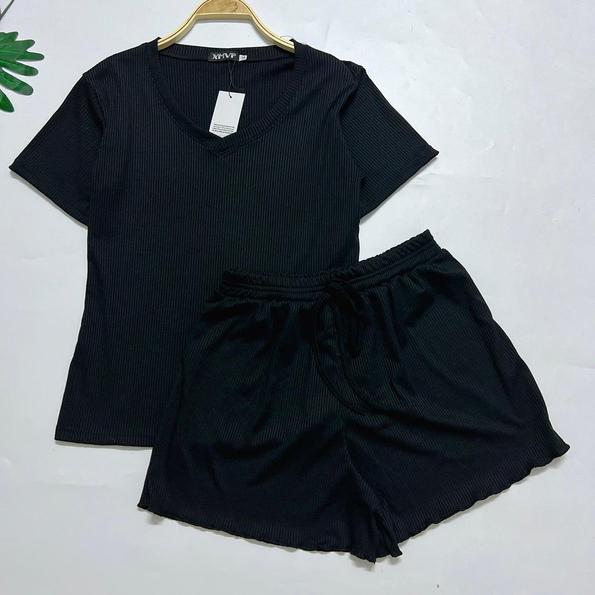 Đồ bộ nữ đồ bộ mặc nhà bộ đùi cổ tim vải gân tăm mặc mát mùa hè bigsize