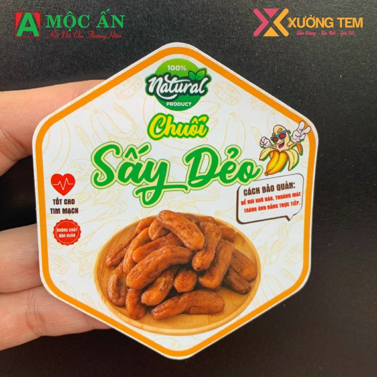 55 tem dán "chuối sấy dẻo" - lục giác 7x8cm