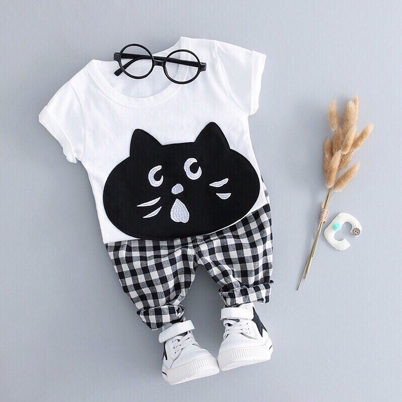 BỘ THUN COTTON HÌNH MÈO CHO BÉ  5-17kg