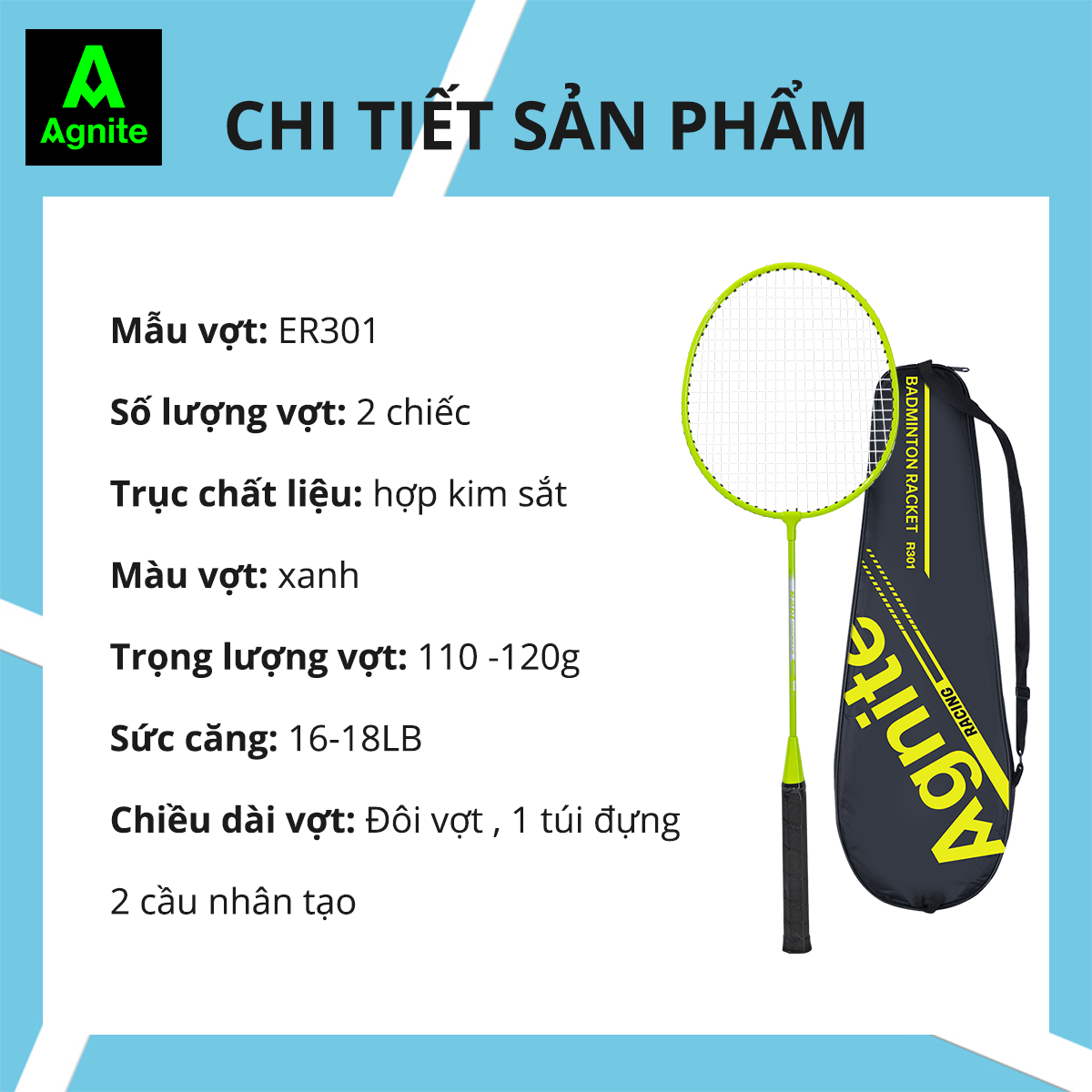 [Giá tốt nhất Mall] Bộ 2 vợt cầu lông giá rẻ chính hãng Agnite, bền, nhẹ, tặng kèm túi vợt và quả cầu lông - ER301/ER302