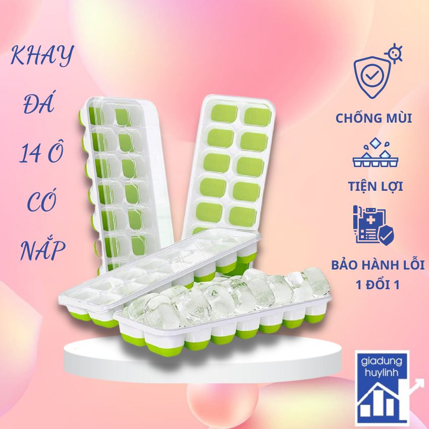 Combo 5 Khay làm đá thông minh , Khay đá silicon chống dính 14 ô có nắp đậy, Khay đá silicon dẻo, Khay đá tủ lạnh có nắp đậy