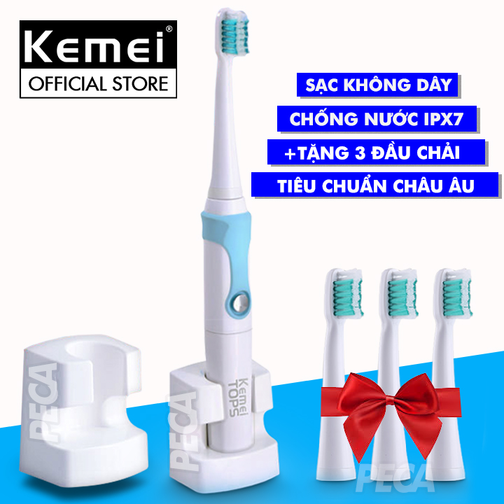 Bàn chải đánh răng điện KEMEI KM-907 công nghệ rung siêu âm + Tặng 3 đầu bàn chải thay thế - Hãng phân phối chính thức