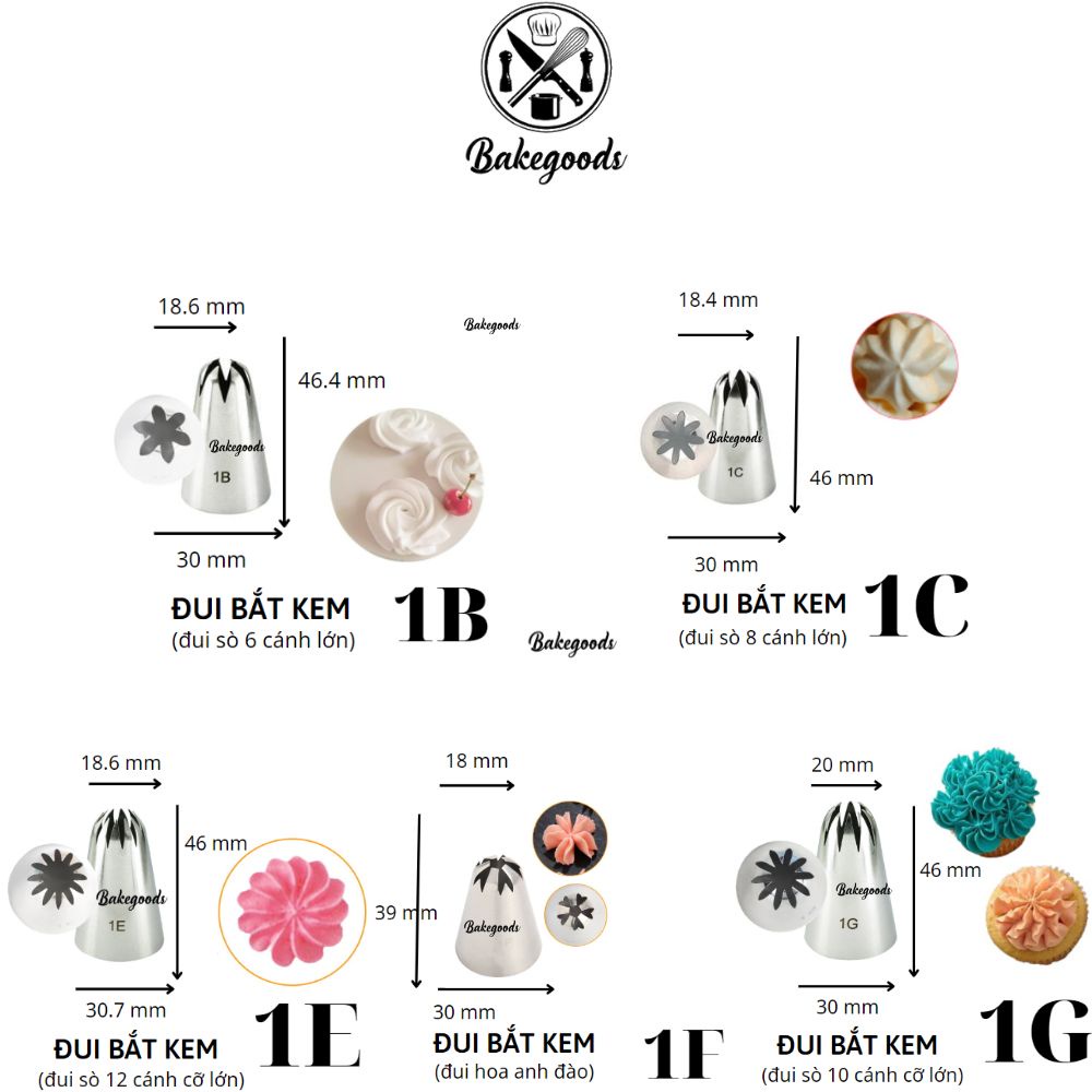 Bộ 5 đui bắt kem 1B, 1C, 1E, 1F, 1G đuôi bắt bông kem, đui bắt bánh quy cỡ lớn, trang trí bánh sinh nhật bằng thép đúc