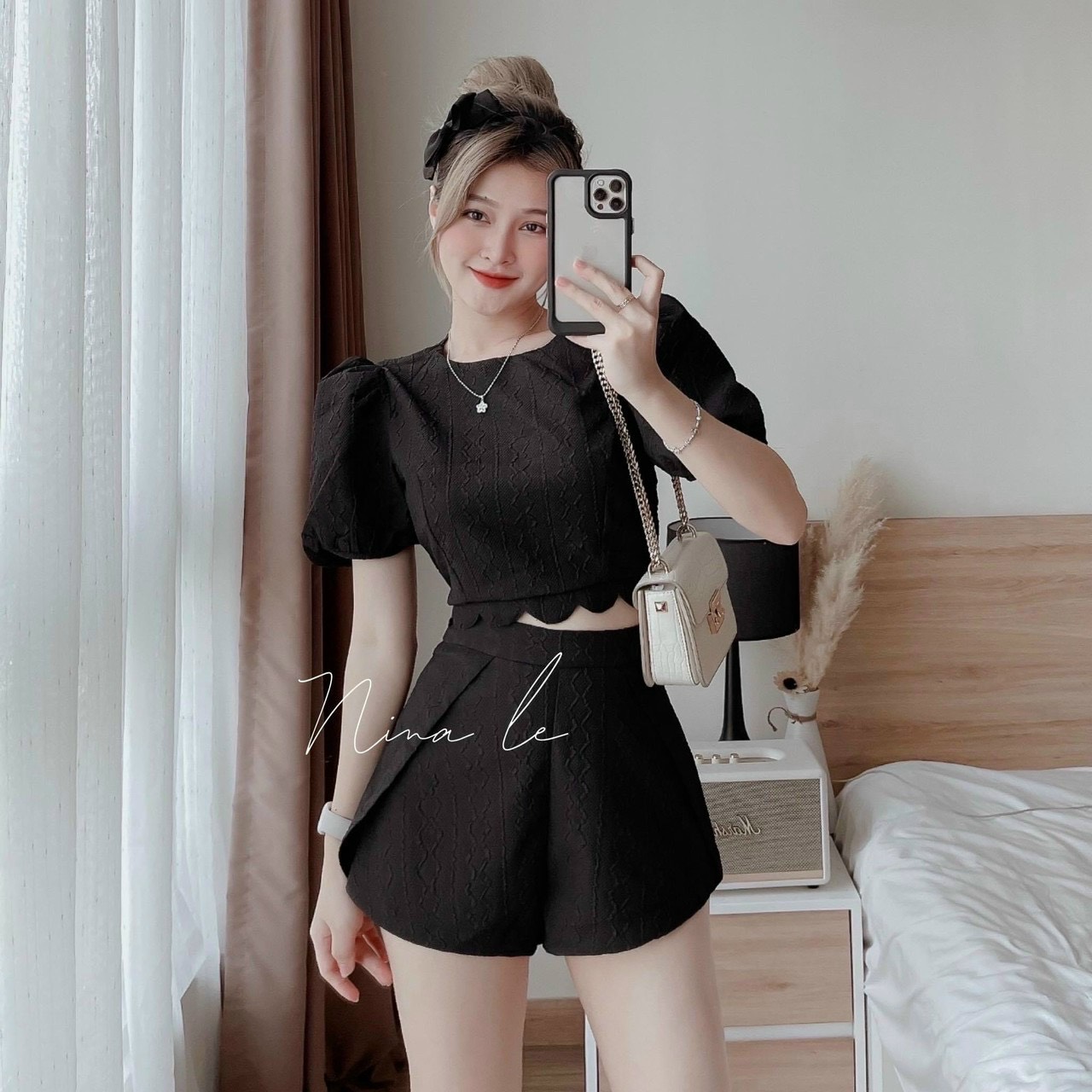Set đồ bộ nữ chất xốp gân, áo tay phồng cột dây mix quần short cực năng động, dễ thương cho các nàng.