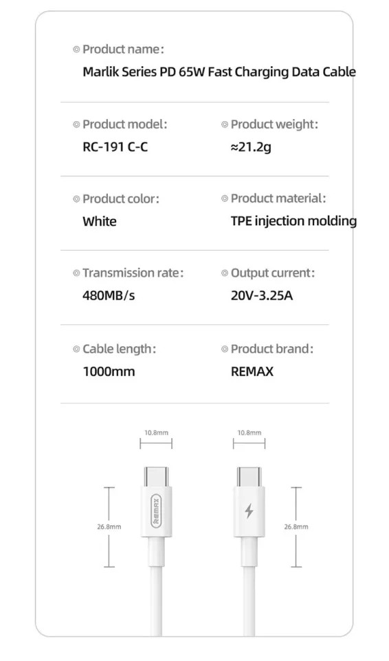 Cáp Sạc Nhanh Remax RC-191 65W Cổng Type C ra Type C