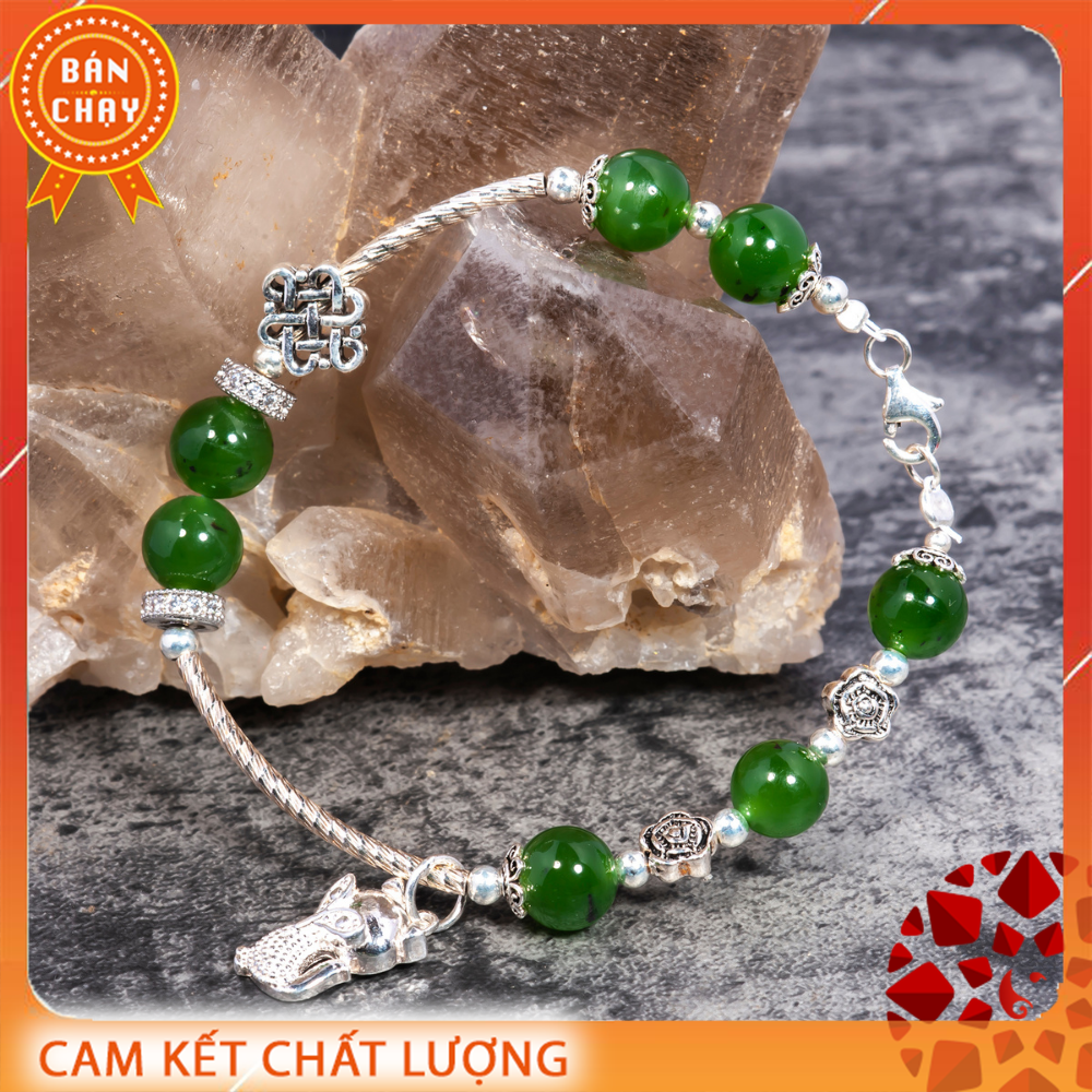 Vòng tay Ngọc Bích Nephrite 08mm phối charm bạc Thái cao cấp | VietGemstones