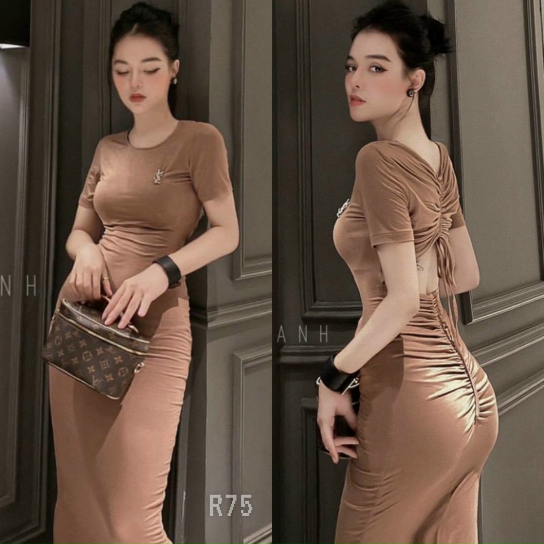 Đầm body cổ tròn nhún hở lưng-ZU#dambody