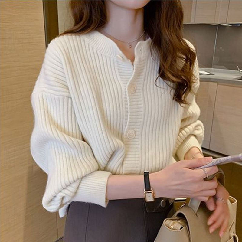 Áo Sơ Mi Len Dệt Kim Cổ Tròn Cúc Mở
