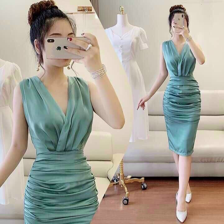 ĐẦM BODY CỔ CHÉO PHỐI NHÚN EO CHẤT LIỆU VẢI LỤA SATIN