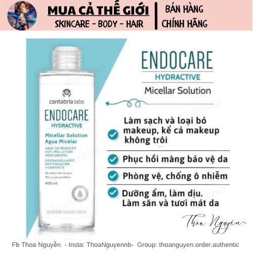 [GIẢM 5% ĐƠN 129K]Nước tẩy trang ENDOCARE Hydractive Micellar Solution Agua Micelar