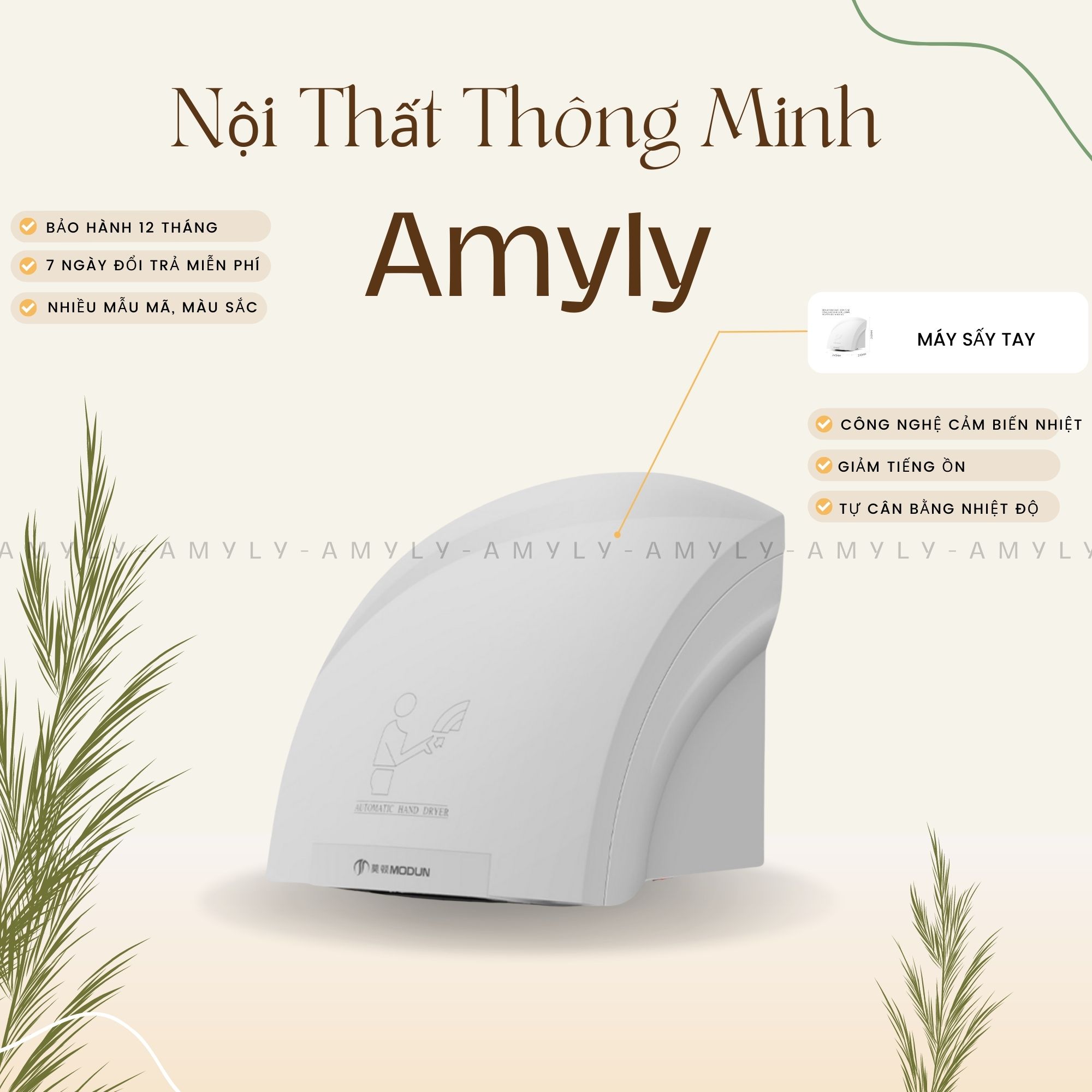 Máy sấy tay tự động amyly máy sấy tay khô cảm biến hồng ngoại thông minh công suất 200w độ gió /12m/s nhiệt độ 45-50 độ c
