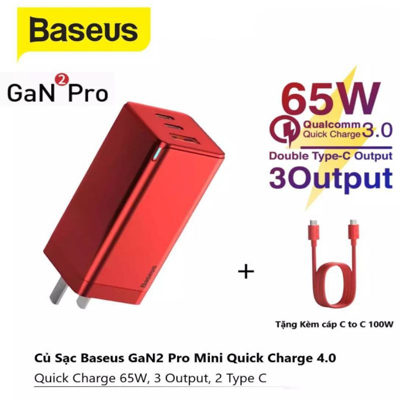 Cốc sạc Baseus GaN 2 Pro 65w 3 cổng output sạc nhanh