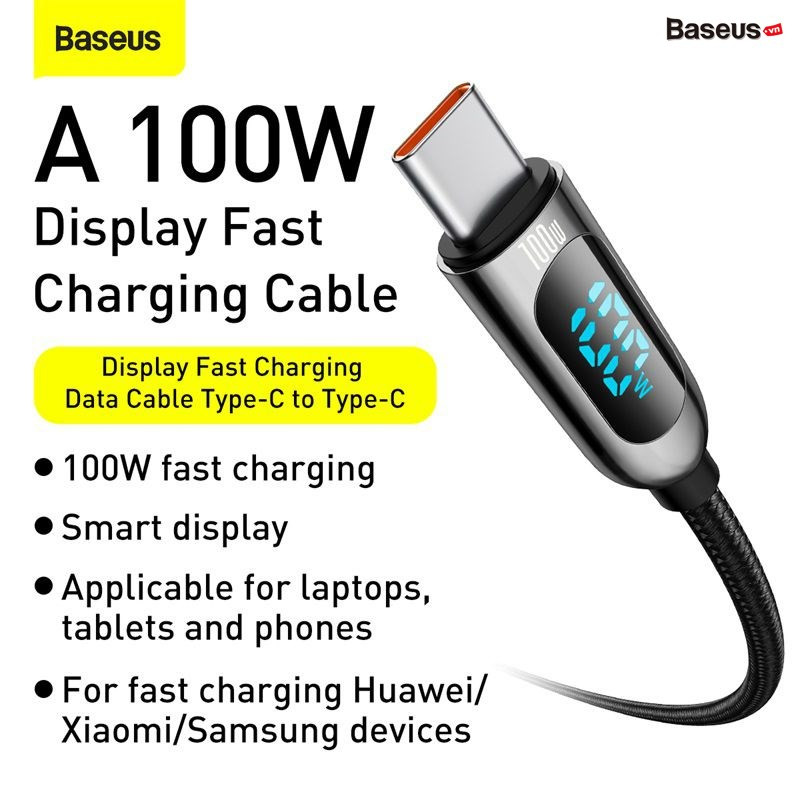Baseus Display Fast Charging Data Cable Type-C to Type-C (100W, 20V / 5A, 480Mbps, LED indicator, E-marker chip, QC/PD Quick charge cable )