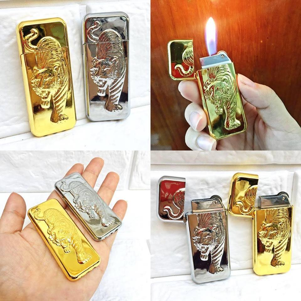 [HCM] Bật Lửa Gas Đá Dập Nổi Hình Cọp Vàng - Bạc