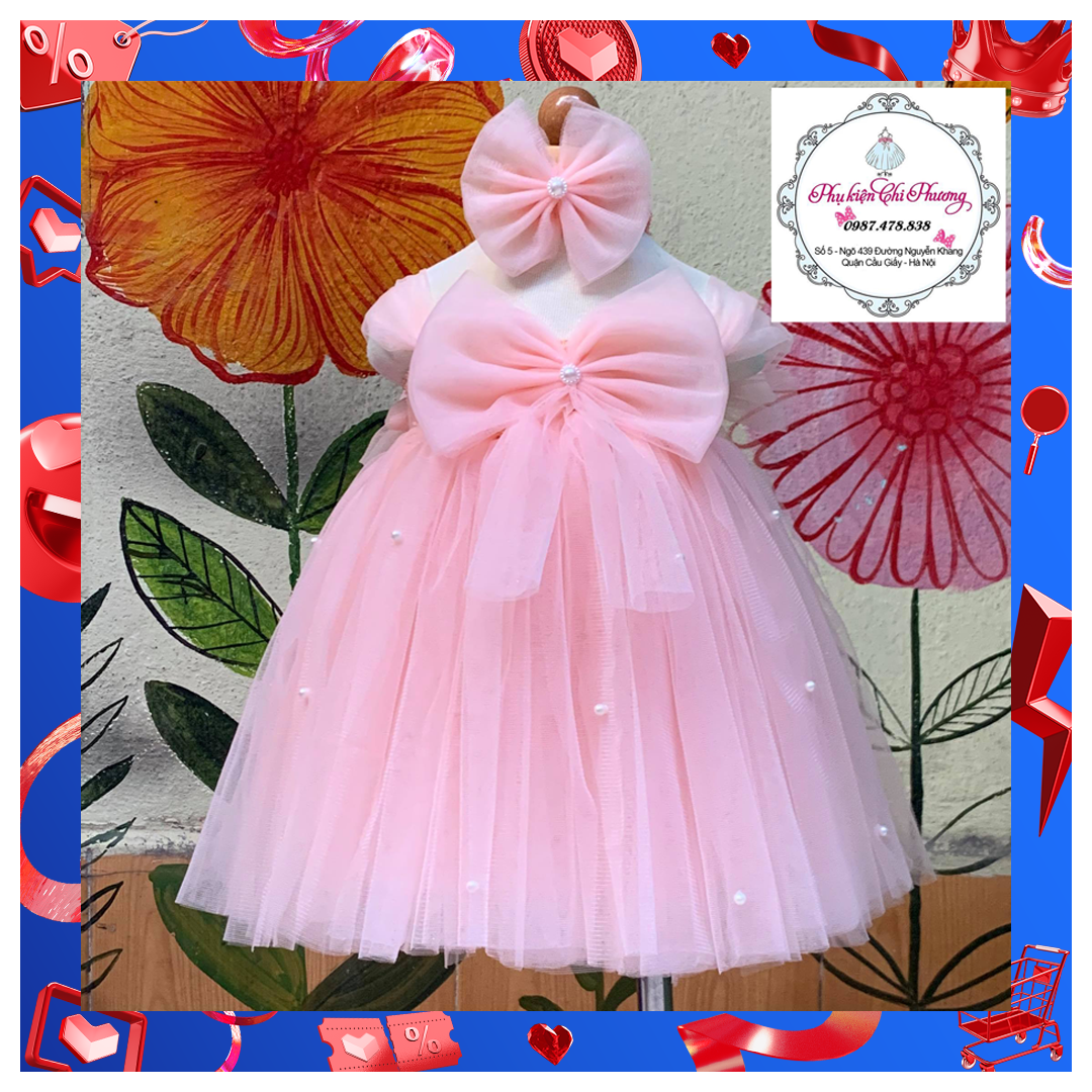 Đầm cho bé gái /Đầm công chúa / đầm công chúa cho bé Hồng Nơ gắn ngọc , tặng kèm băng đô hoặc cài tóc