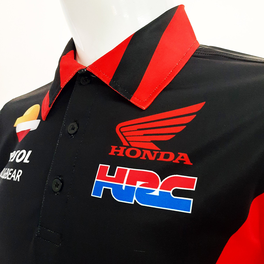 Áo thun nam có cổ tem xe Honda Đen Cam