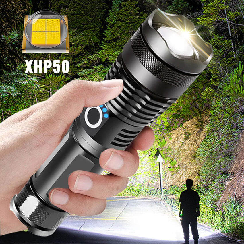 Đèn pin siêu sáng XHP50 chiếu xa 500m có Zoom xa gần, chống thấm nước, pin trâu 6800mAh 5 chế độ sáng, Đèn pin cầm tay XML T6, Đèn pin mini cầm tay siêu sáng, đèn pin cầm tay, đèn pin dã ngoại