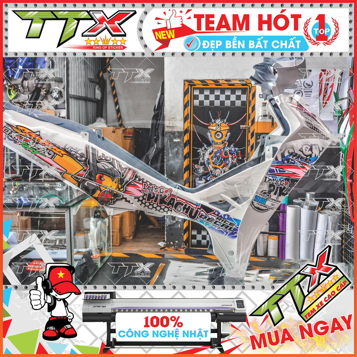 Tem rời sirius pikachu , Team chế sirius dán xe màu trắng bạc cam đen tuyệt đẹp , Shop TTX Tem xe sirius