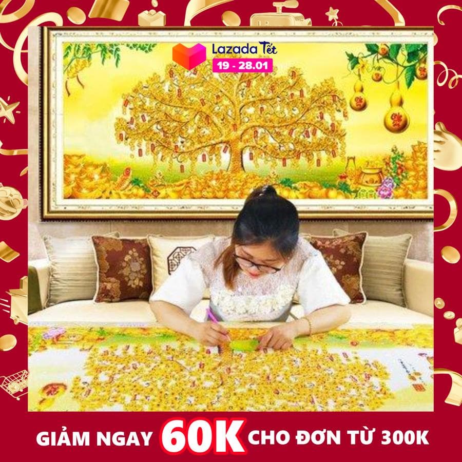 Tranh đính đá cây tiền vàng sung túc cả năm yn2098,Df428