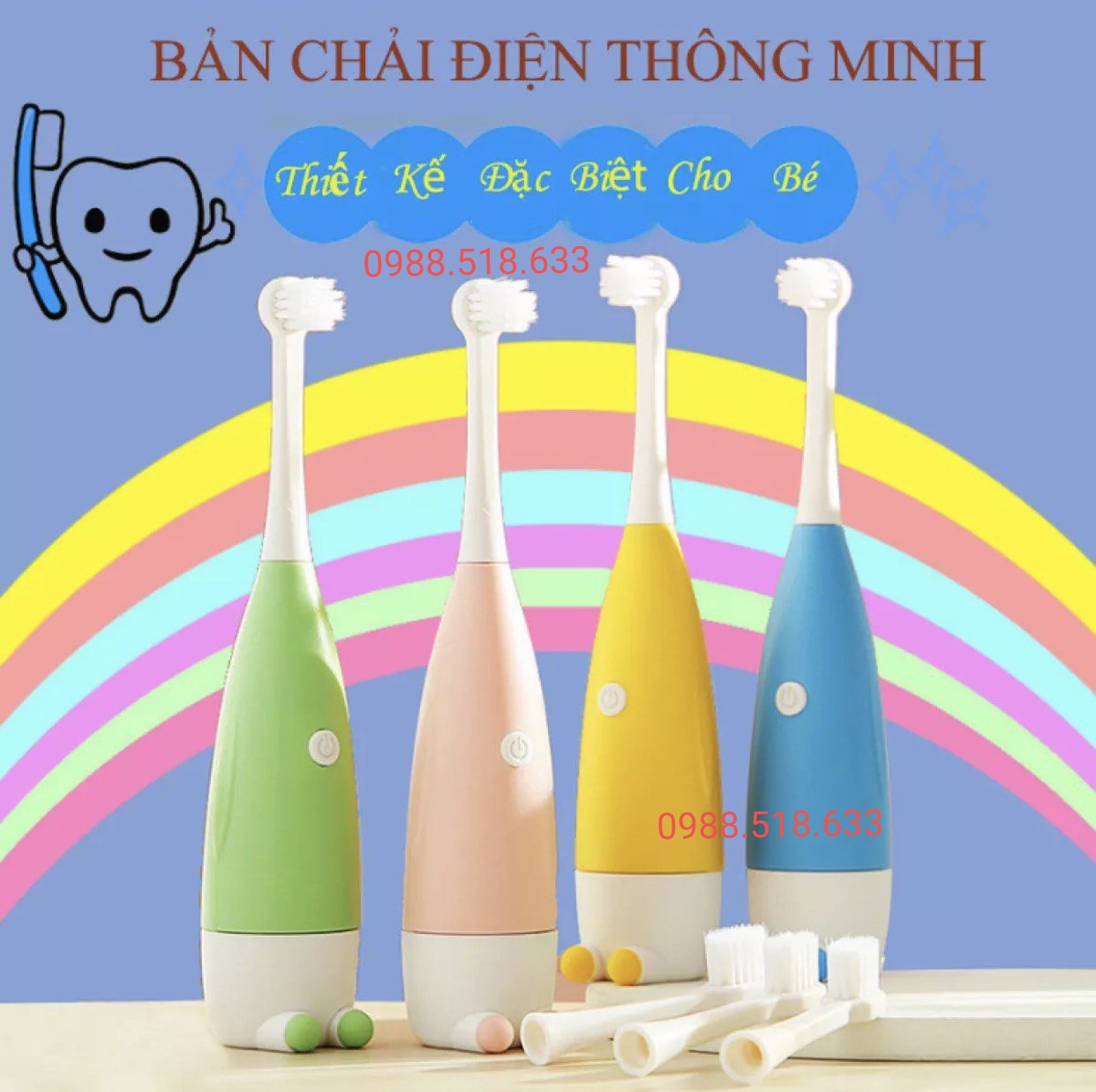 Bàn chải điện cho bé dùng pin tiện dụng chống nước tặng 2 đầu chải hàng chuẩn - bàn chải cho bé- bàn chải dùng pin
