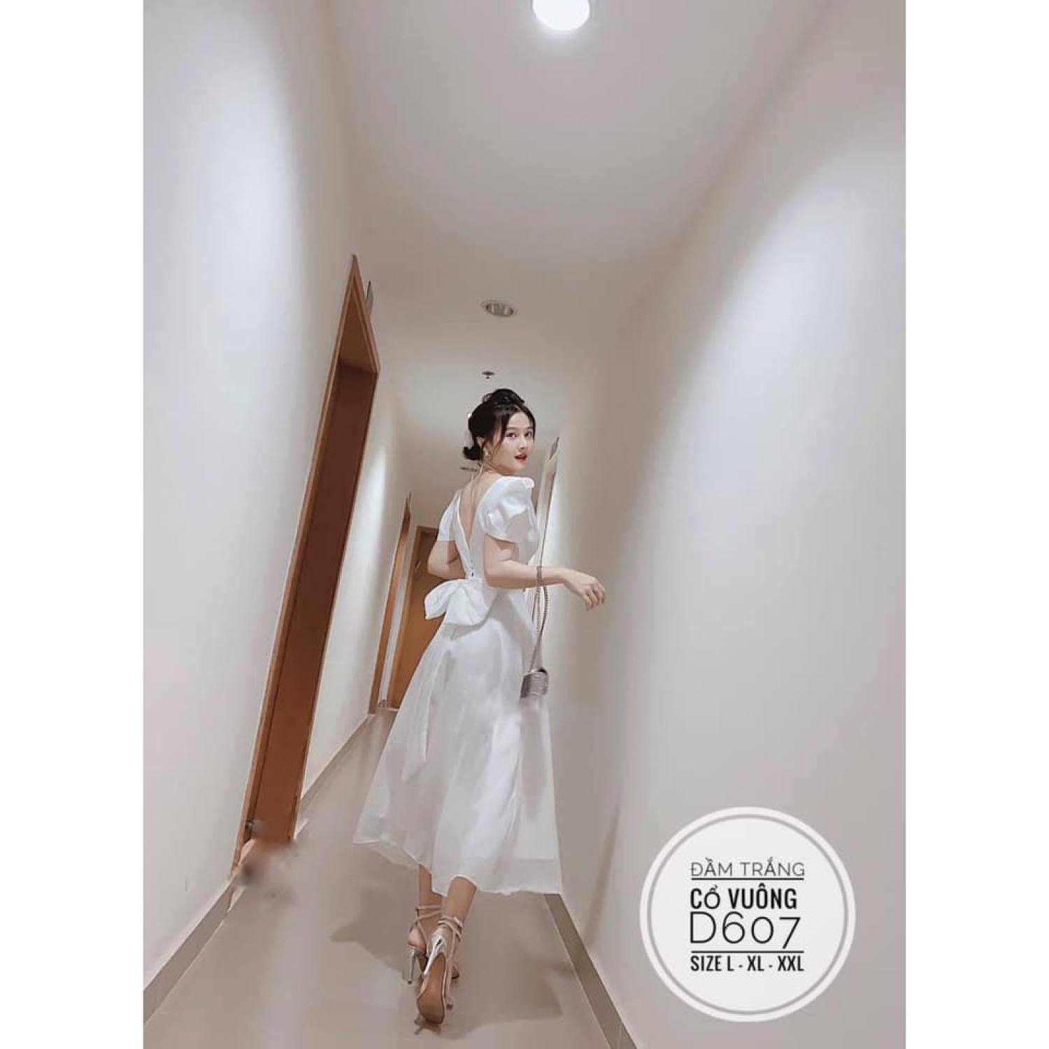 (CÓ ẢNH THẬT) BIGSIZE Đầm trắng cổ vuông D607 (Kèm kẹp voan cài tóc)