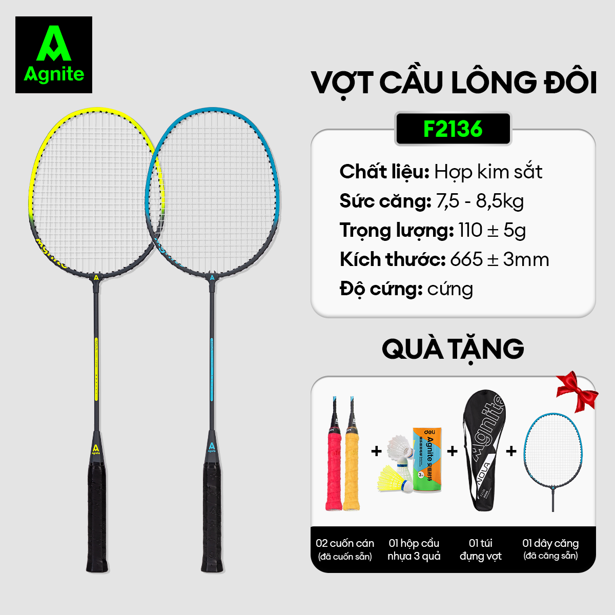 Vợt cầu lông siêu nhẹ Agnite - Giá rẻ - tặng hộp cầu 3 quả + túi đựng