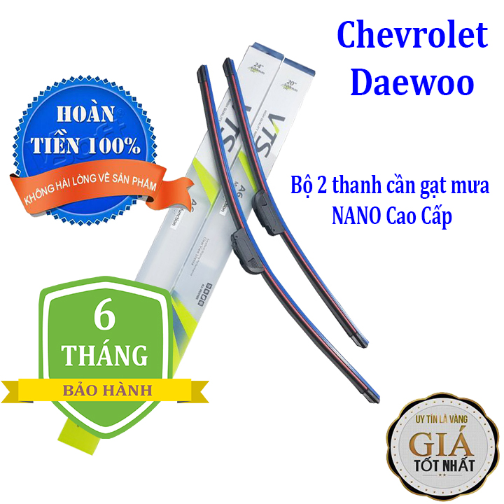 Bộ 2 thanh gạt nước mưa ô tô Nano xương mềm cao cấp dành cho tất cả các dòng xe hãng xe Chevrolet, Daewoo: Cruze-Aveo-Captiva-Trax-Spark-Lacetti-Gentra-Lanos-Matiz-Orlando-Colorado,...