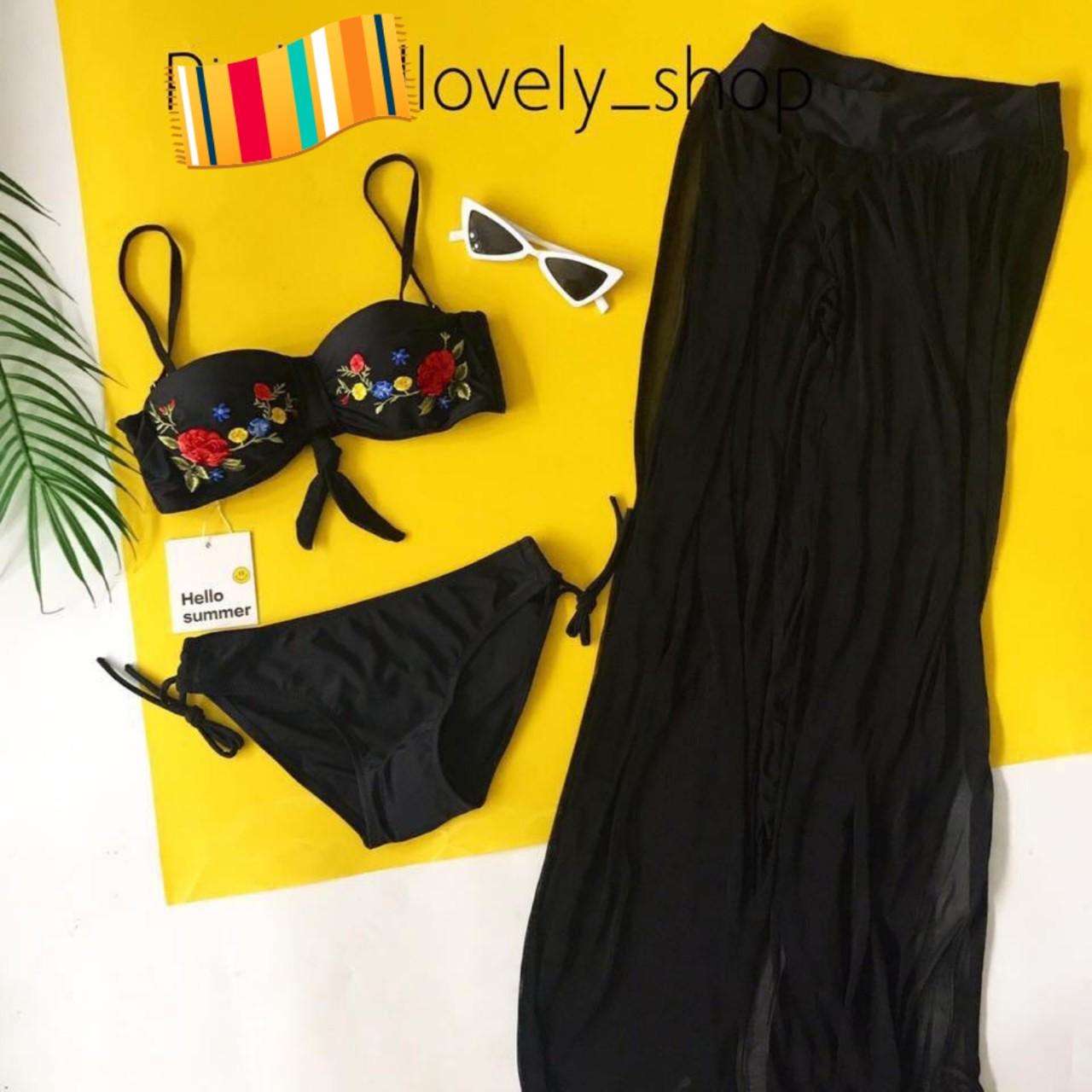 Bikini cúp ngực thêu hoa cao cấp (kèm chân váy ren set 3 món)