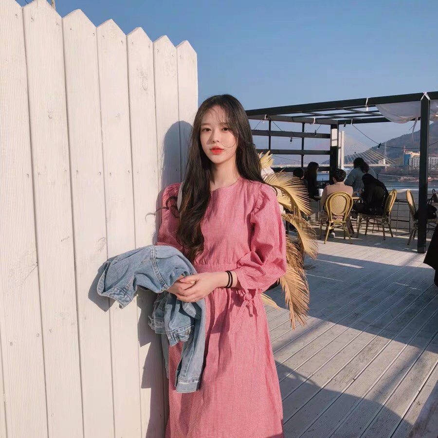 Đầm caro thắt nơ sau cổ điển TTSA0440
