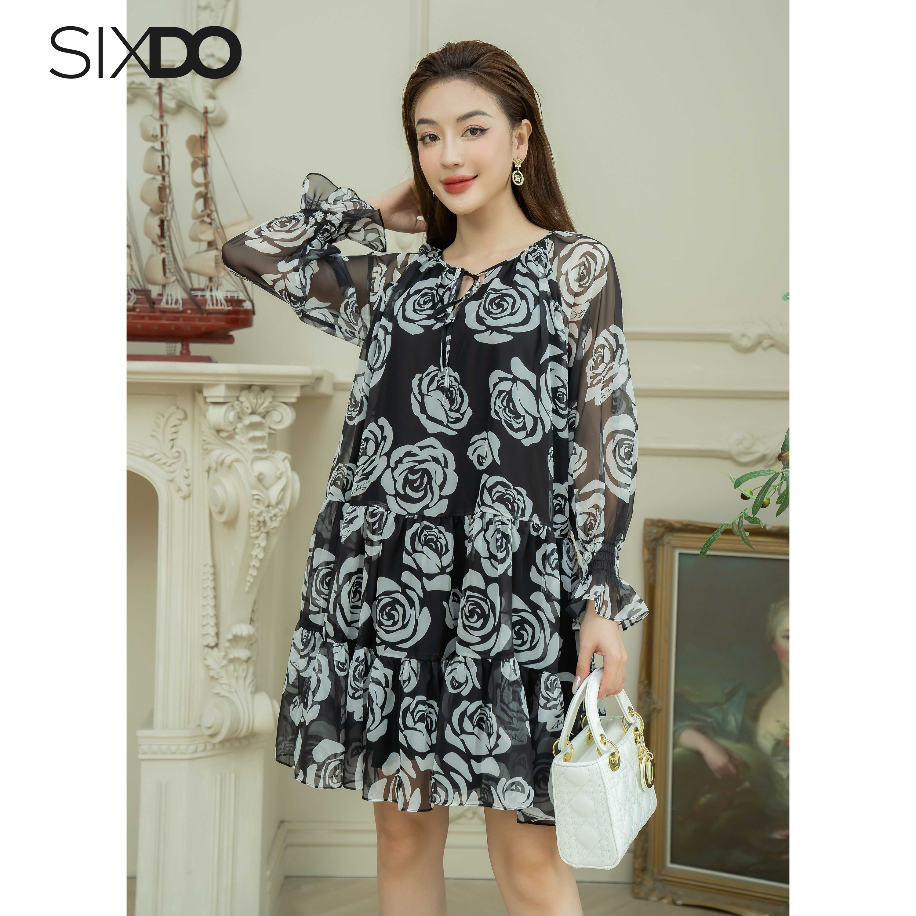 Đầm suông tơ organza họa tiết hoa hồng SIXDO