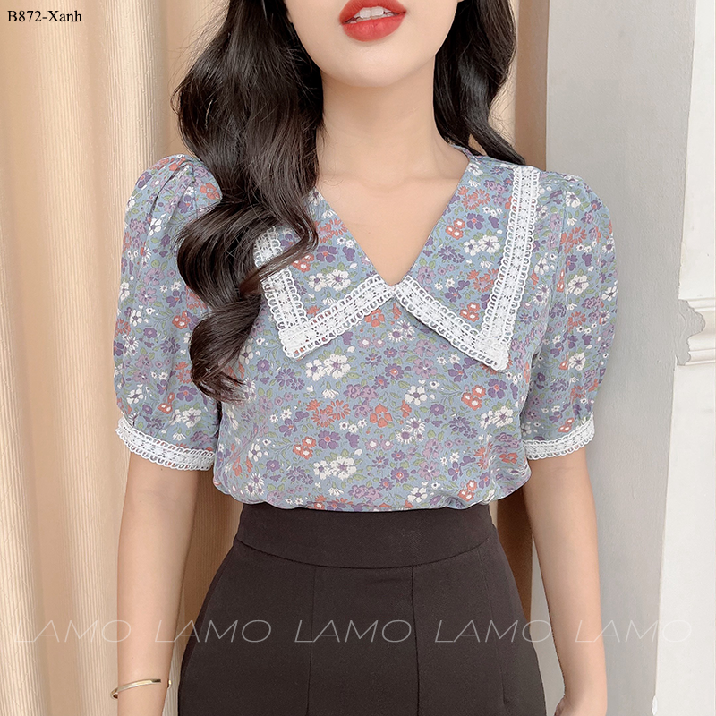 ÁO SƠ MI HOA CỔ V PHỐI REN -B872