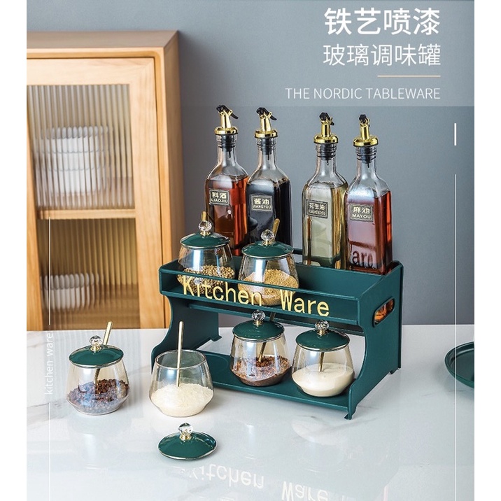 [Hàng có sẵn] Bộ Đựng Gia Vị Kitchen Ware Thuỷ Tinh Hổ Phách Cao Cấp