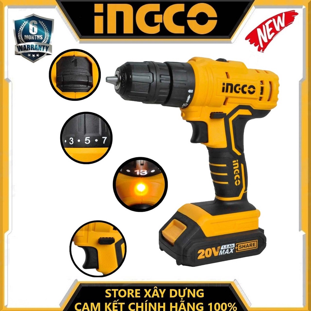 Máy khoan vặn vít dùng pin 20v 45nm ingco cdli20011 - hàng chính hãng