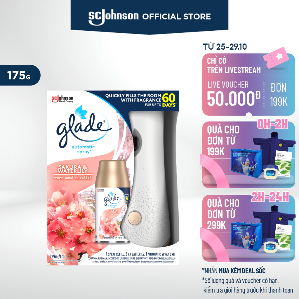 GLADE Bộ Máy & Lõi Xịt thơm phòng tự động Hương Hoa Anh Đào Lily 175g - Xịt thơm phòng chăm sóc không khí hương thơm tự nhiên