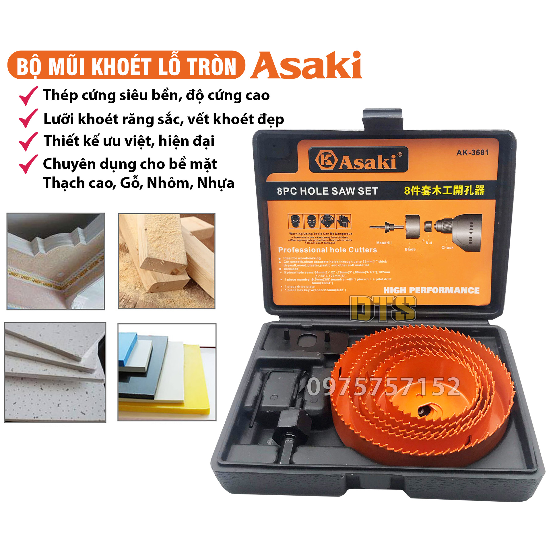 Bộ 5 mũi khoan khoét lỗ tròn thạch cao gỗ Ø64-127mm hãng Asaki AK-3681, bộ khoét lỗ trần thạch cao, khoét lỗ thùng loa, khoét gỗ, nhựa, hợp kim, bộ công cụ khoét lỗ ống nhựa PVC/PPR, răng sắc nhọn, vết khoét đẹp, khoét lỗ gỗ