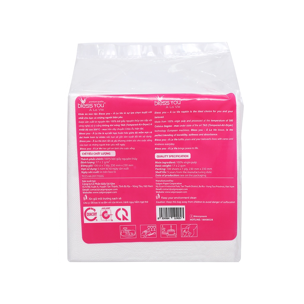 [Bịch 100 tờ 33x33cm] Khăn Ăn Vuông Lớn BLESS YOU Cao Cấp
