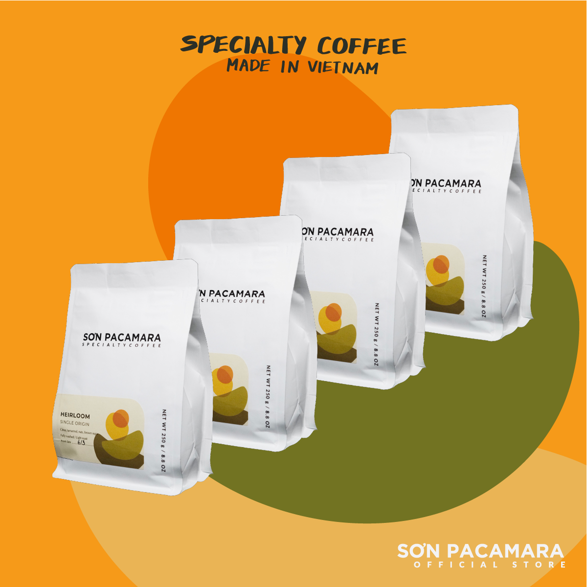 (TIẾT KIỆM 80K) Combo 1kg Specialty Coffee Sơn Pacamara Gói Heirloom , 100% Arabica Sơn Farm, Vị Nhẹ, Rang Nhạt, Gói 250g/500gr