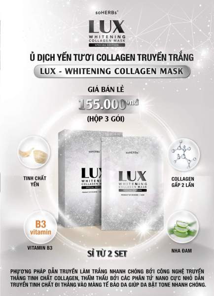 Hàng chính hãng Date 2023-1 hộp 3 gói Ủ trắng Lux tinh chất yến tươi collagen truyền trắng Lux soHerbs cao cấp