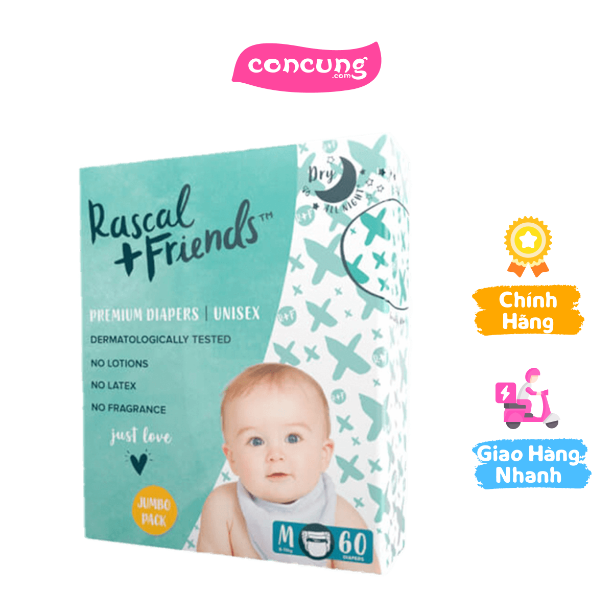 Tã dán Rascal + Friends (M, 6-11kg, 60 miếng)