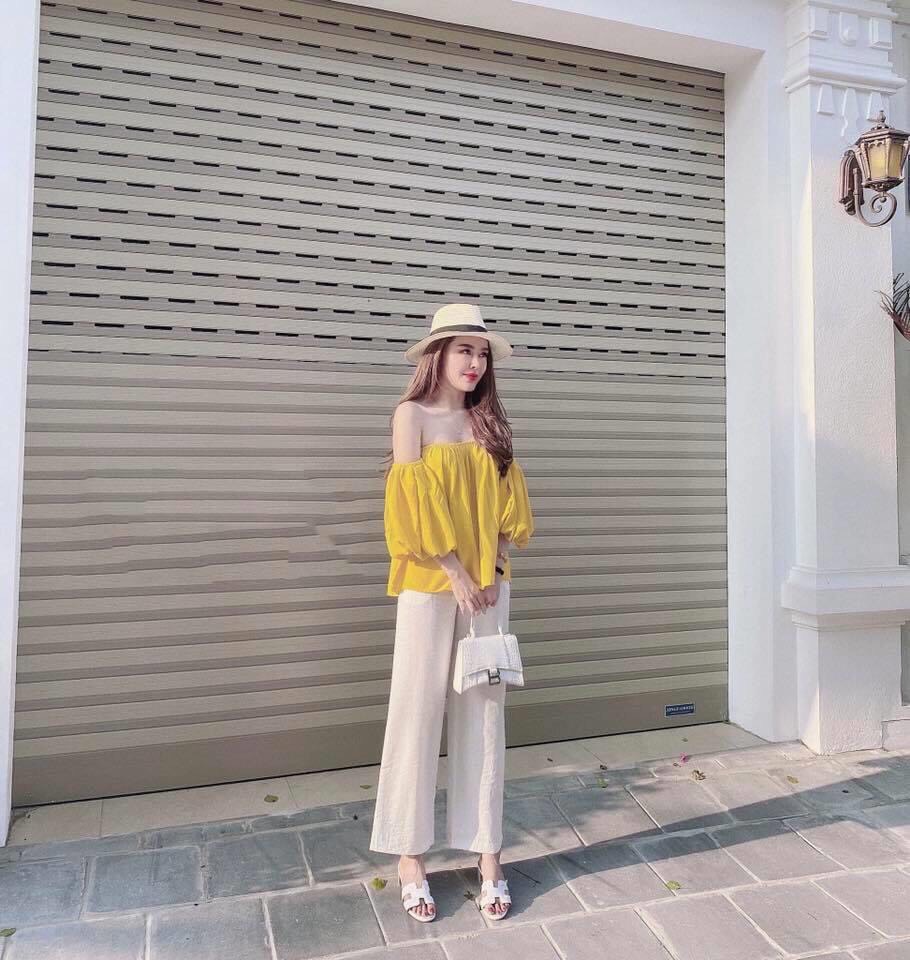 Sét bộ voan hot trend áo vàng trễ vai phối quần rộng phong cách ttsa0679