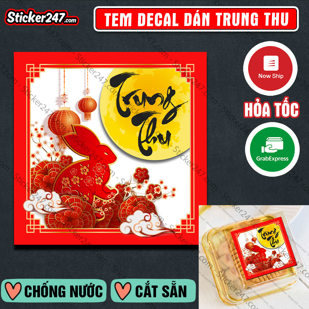 Tem trung thu hình vuông - decal dán tem bánh trung thu - sticker chống nước, cắt sẵn - nhãn dán